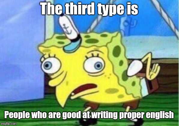 Mocking Spongebob Meme | The third type is People who are good at writing proper english | image tagged in memes,mocking spongebob | made w/ Imgflip meme maker