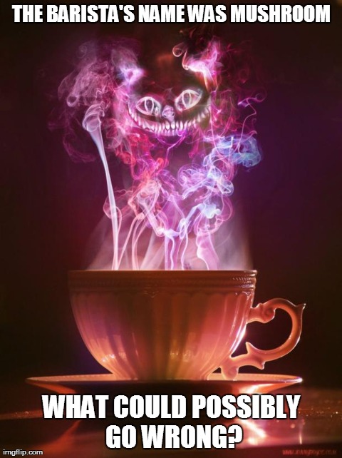The barista's name was mushroom what could possibly go wrong | THE BARISTA'S NAME WAS MUSHROOM WHAT COULD POSSIBLY GO WRONG? | image tagged in cheshire cat,coffee,wtf | made w/ Imgflip meme maker