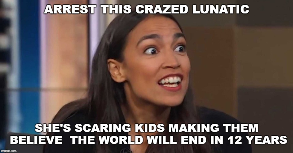 Lizard Woman AOC | ARREST THIS CRAZED LUNATIC; SHE'S SCARING KIDS MAKING THEM BELIEVE  THE WORLD WILL END IN 12 YEARS | image tagged in lizard woman aoc | made w/ Imgflip meme maker