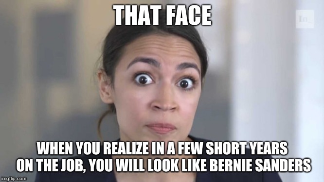 Political careers come at a cost | THAT FACE; WHEN YOU REALIZE IN A FEW SHORT YEARS ON THE JOB, YOU WILL LOOK LIKE BERNIE SANDERS | image tagged in crazy alexandria ocasio-cortez | made w/ Imgflip meme maker