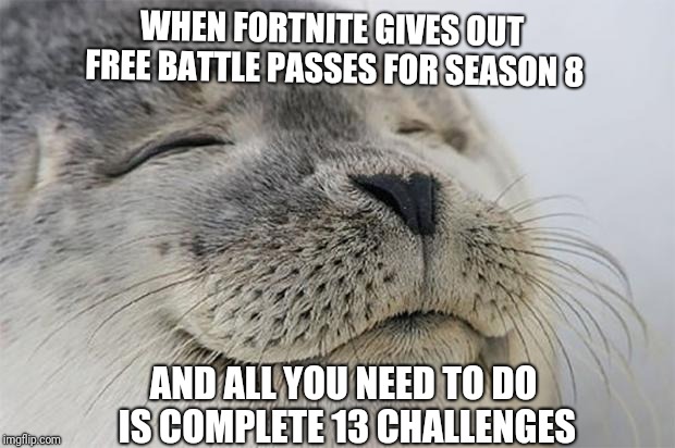 Satisfied Seal Meme | WHEN FORTNITE GIVES OUT FREE BATTLE PASSES FOR SEASON 8; AND ALL YOU NEED TO DO IS COMPLETE 13 CHALLENGES | image tagged in memes,satisfied seal | made w/ Imgflip meme maker