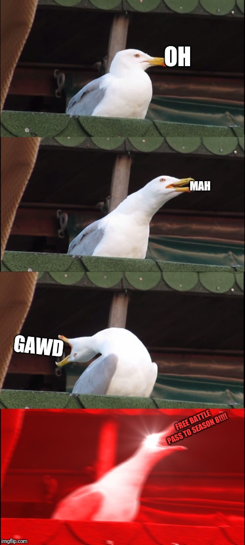 Inhaling Seagull | OH; MAH; GAWD; FREE BATTLE PASS TO SEASON 8!!!! | image tagged in memes,inhaling seagull | made w/ Imgflip meme maker