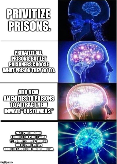 Expanding Brain Meme | PRIVITIZE PRISONS. PRIVATIZE ALL PRISONS, BUT LET PRISONERS CHOOSE WHAT PRISON THEY GO TO. ADD NEW AMENITIES TO PRISONS TO ATTRACT NEW INMATE “CUSTOMERS.”; MAKE PRISONS NICE ENOUGH THAT PEOPLE WANT TO COMMIT CRIMES, SOLVING THE HOUSING CRISIS THROUGH BACKDOOR PUBLIC HOUSING. | image tagged in memes,expanding brain | made w/ Imgflip meme maker