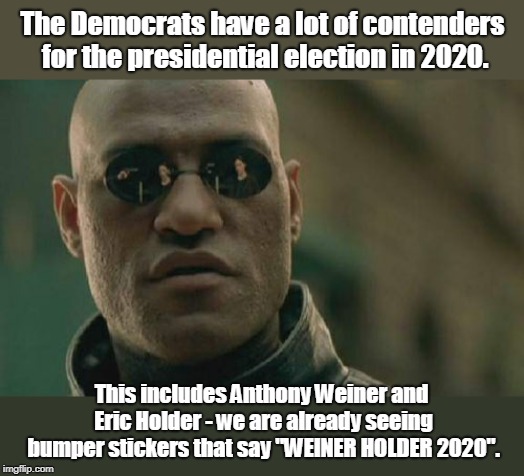 presidential election in 2020. | The Democrats have a lot of contenders for the presidential election in 2020. This includes Anthony Weiner and Eric Holder - we are already seeing bumper stickers that say "WEINER HOLDER 2020". | image tagged in memes | made w/ Imgflip meme maker