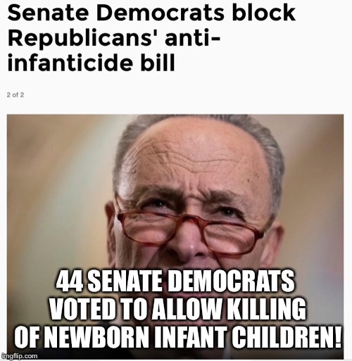 Senate Democrats just voted against legislation to prevent the killing of newborn infant children | 44 SENATE DEMOCRATS VOTED TO ALLOW KILLING OF NEWBORN INFANT CHILDREN! | image tagged in abortion,infant,killing,baby,democrats | made w/ Imgflip meme maker
