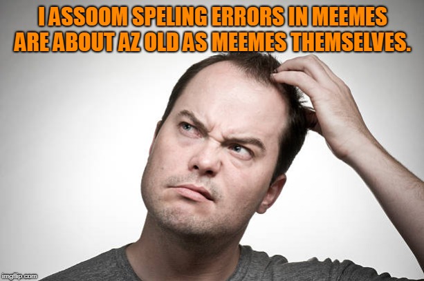 confused | I ASSOOM SPELING ERRORS IN MEEMES ARE ABOUT AZ OLD AS MEEMES THEMSELVES. | image tagged in confused | made w/ Imgflip meme maker