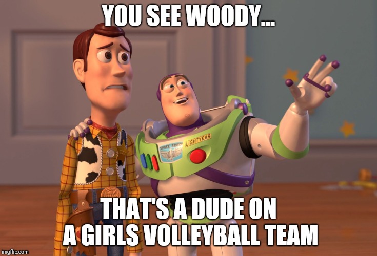 X, X Everywhere Meme | YOU SEE WOODY... THAT'S A DUDE ON A GIRLS VOLLEYBALL TEAM | image tagged in memes,x x everywhere | made w/ Imgflip meme maker