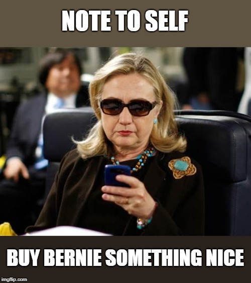 Hillary Clinton Cellphone Meme | NOTE TO SELF BUY BERNIE SOMETHING NICE | image tagged in memes,hillary clinton cellphone | made w/ Imgflip meme maker