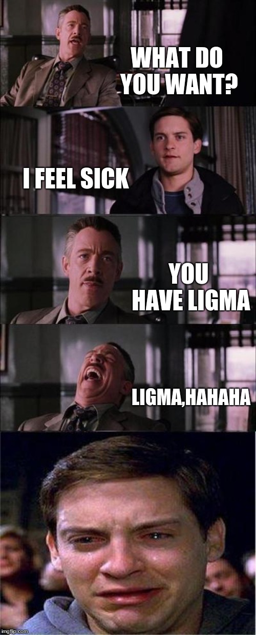 Peter Parker Cry | WHAT DO YOU WANT? I FEEL SICK; YOU HAVE LIGMA; LIGMA,HAHAHA | image tagged in memes,peter parker cry | made w/ Imgflip meme maker