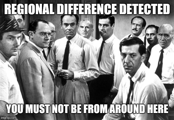 Serious Group | REGIONAL DIFFERENCE DETECTED YOU MUST NOT BE FROM AROUND HERE | image tagged in serious group | made w/ Imgflip meme maker