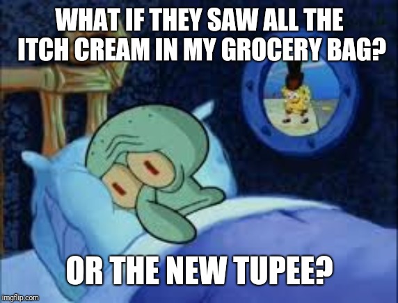 Squidward can't sleep with the spoons rattling | WHAT IF THEY SAW ALL THE ITCH CREAM IN MY GROCERY BAG? OR THE NEW TUPEE? | image tagged in squidward can't sleep with the spoons rattling | made w/ Imgflip meme maker
