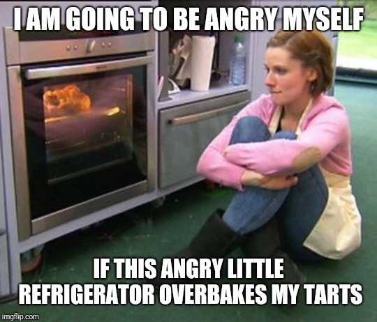Bake off watching | I AM GOING TO BE ANGRY MYSELF IF THIS ANGRY LITTLE REFRIGERATOR OVERBAKES MY TARTS | image tagged in bake off watching | made w/ Imgflip meme maker