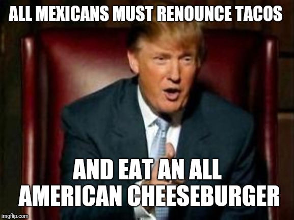 Donald Trump | ALL MEXICANS MUST RENOUNCE TACOS AND EAT AN ALL AMERICAN CHEESEBURGER | image tagged in donald trump | made w/ Imgflip meme maker