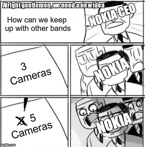Alright Gentlemen We Need A New Idea | NOKIA CEO; How can we keep up with other bands; 3   Cameras; NOKIA; 3  5 Cameras; NOKIA | image tagged in memes,alright gentlemen we need a new idea | made w/ Imgflip meme maker