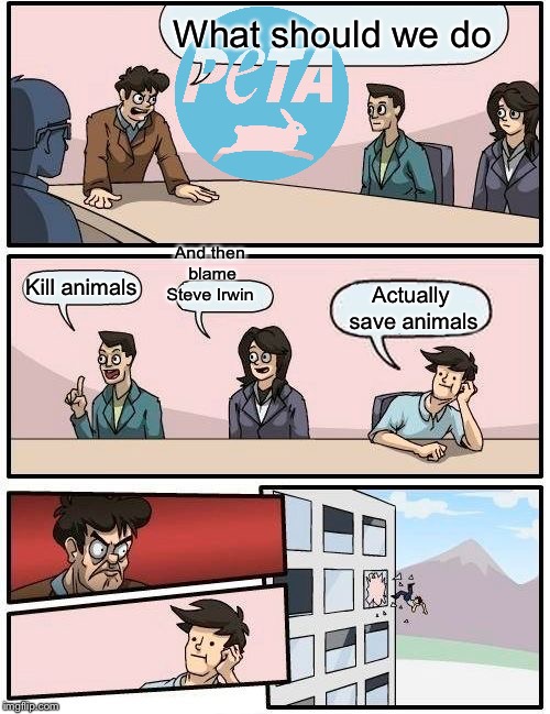 Boardroom Meeting Suggestion | What should we do; And then blame Steve Irwin; Kill animals; Actually save animals | image tagged in memes,boardroom meeting suggestion | made w/ Imgflip meme maker