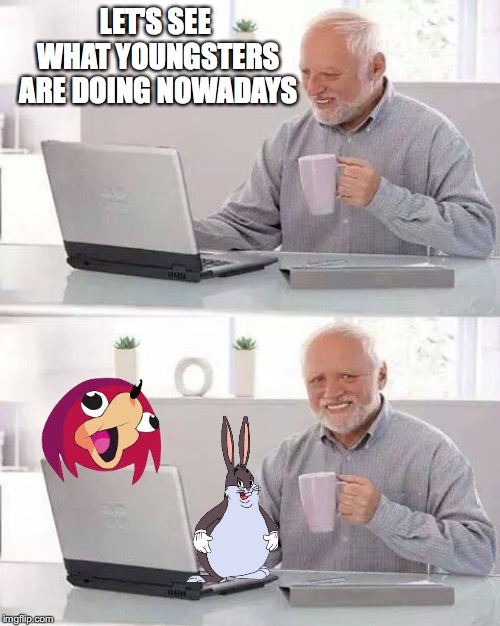 nope. | LET'S SEE WHAT YOUNGSTERS ARE DOING NOWADAYS | image tagged in memes,hide the pain harold,big chungus,ugandan knuckles,uganda knuckles | made w/ Imgflip meme maker