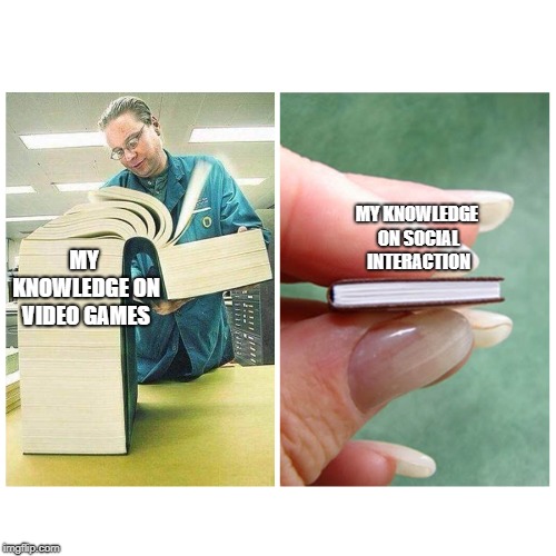 Big book vs Little Book | MY KNOWLEDGE ON SOCIAL INTERACTION; MY KNOWLEDGE ON VIDEO GAMES | image tagged in big book vs little book | made w/ Imgflip meme maker