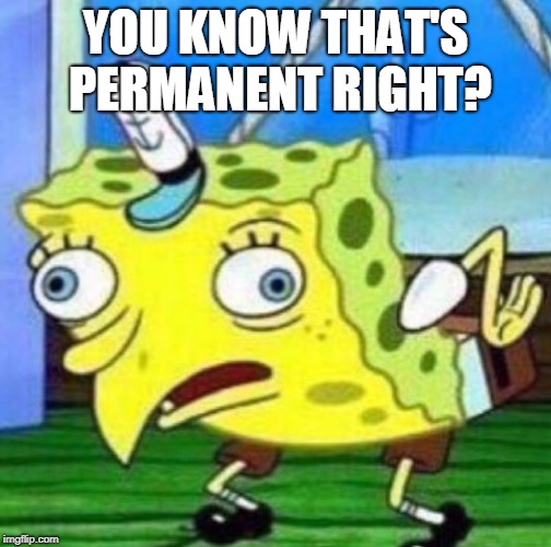 Sarcastic spongebob | YOU KNOW THAT'S PERMANENT RIGHT? | image tagged in sarcastic spongebob | made w/ Imgflip meme maker