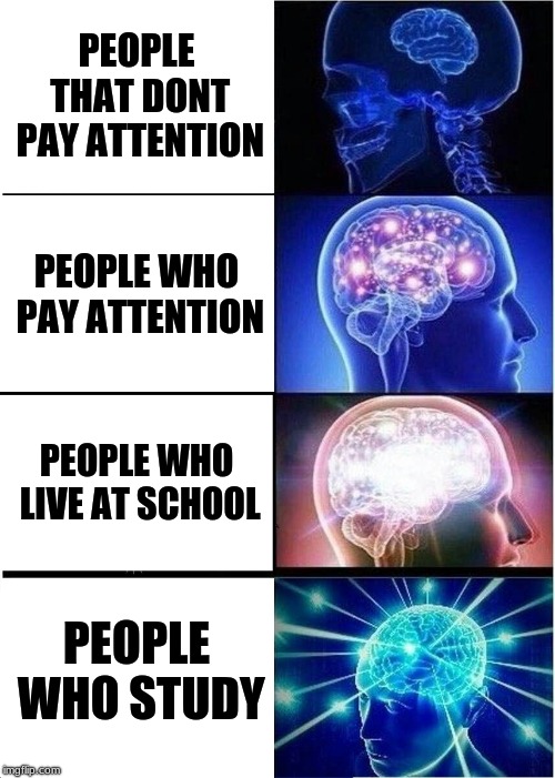 Expanding Brain Meme | PEOPLE THAT DONT PAY ATTENTION; PEOPLE WHO PAY ATTENTION; PEOPLE WHO LIVE AT SCHOOL; PEOPLE WHO STUDY | image tagged in memes,expanding brain | made w/ Imgflip meme maker