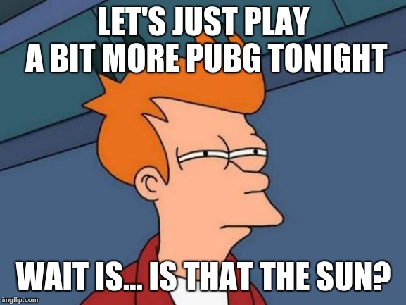 Futurama Fry | LET'S JUST PLAY A BIT MORE PUBG TONIGHT; WAIT IS... IS THAT THE SUN? | image tagged in memes,futurama fry | made w/ Imgflip meme maker