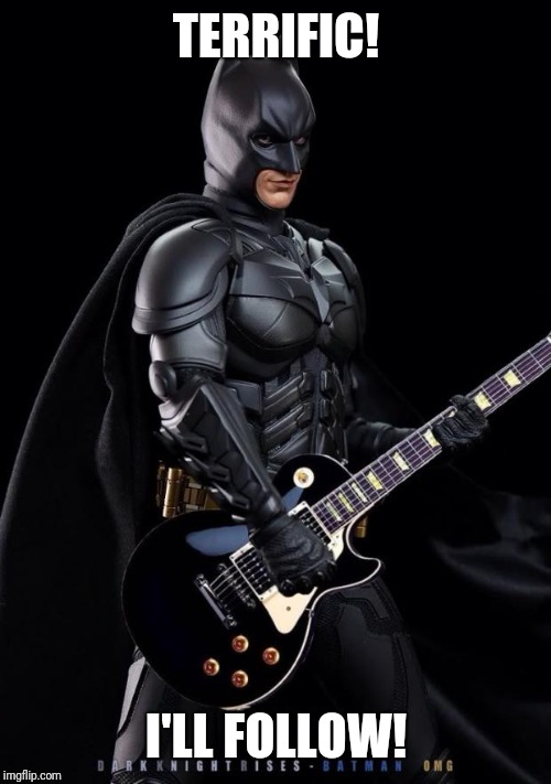 Batman guitarist | TERRIFIC! I'LL FOLLOW! | image tagged in batman guitarist | made w/ Imgflip meme maker