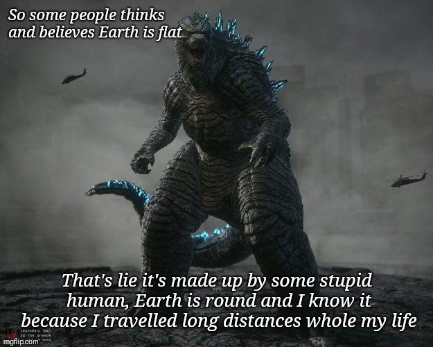 So some people thinks and believes Earth is flat; That's lie it's made up by some stupid human, Earth is round and I know it because I travelled long distances whole my life | image tagged in godzilla | made w/ Imgflip meme maker