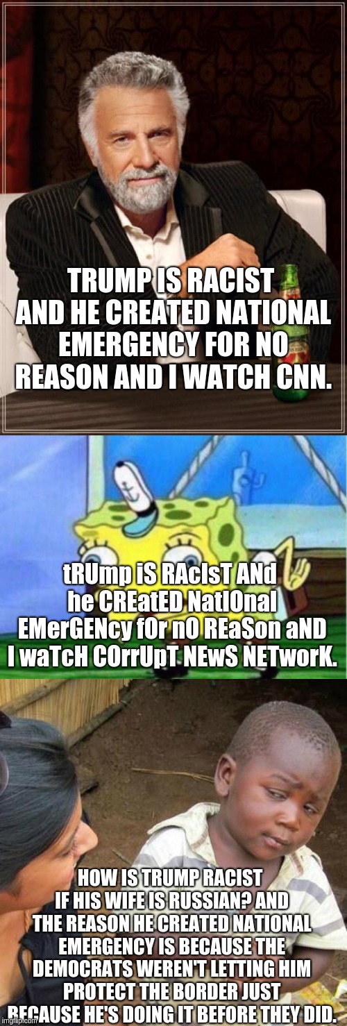 Don't hurt me please | TRUMP IS RACIST AND HE CREATED NATIONAL EMERGENCY FOR NO REASON AND I WATCH CNN. tRUmp iS RAcIsT ANd he CREatED NatIOnal EMerGENcy fOr nO REaSon aND I waTcH COrrUpT NEwS NETworK. HOW IS TRUMP RACIST IF HIS WIFE IS RUSSIAN? AND THE REASON HE CREATED NATIONAL EMERGENCY IS BECAUSE THE DEMOCRATS WEREN'T LETTING HIM PROTECT THE BORDER JUST BECAUSE HE'S DOING IT BEFORE THEY DID. | image tagged in memes,the most interesting man in the world,third world skeptical kid,mocking spongebob | made w/ Imgflip meme maker