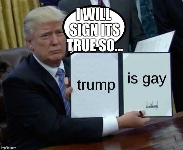 Trump Bill Signing | I WILL SIGN ITS TRUE SO... trump; is gay | image tagged in memes,trump bill signing | made w/ Imgflip meme maker