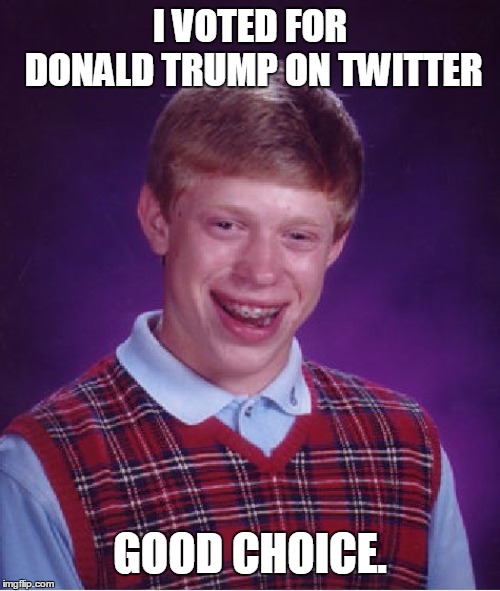 Bad Luck Brian | I VOTED FOR DONALD TRUMP ON TWITTER; GOOD CHOICE. | image tagged in memes,bad luck brian | made w/ Imgflip meme maker