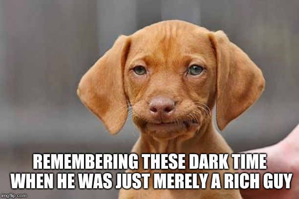 Dissapointed puppy | REMEMBERING THESE DARK TIME WHEN HE WAS JUST MERELY A RICH GUY | image tagged in dissapointed puppy | made w/ Imgflip meme maker