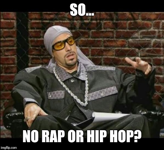 Rapper Singer Hiphop | SO... NO RAP OR HIP HOP? | image tagged in rapper singer hiphop | made w/ Imgflip meme maker