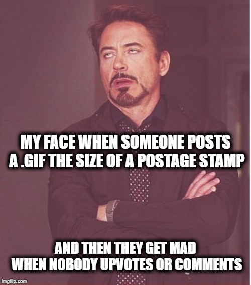 HELLO!!! I CAN'T EVEN TELL WHAT THE HECK I'M LOOKING AT, let alone comment on it! You dolt! | MY FACE WHEN SOMEONE POSTS A .GIF THE SIZE OF A POSTAGE STAMP; AND THEN THEY GET MAD WHEN NOBODY UPVOTES OR COMMENTS | image tagged in memes,face you make robert downey jr | made w/ Imgflip meme maker