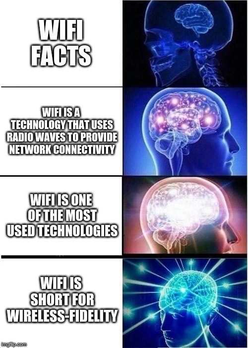 Expanding Brain | WIFI FACTS; WIFI IS A TECHNOLOGY THAT USES RADIO WAVES TO PROVIDE NETWORK CONNECTIVITY; WIFI IS ONE OF THE MOST USED TECHNOLOGIES; WIFI IS SHORT FOR WIRELESS-FIDELITY | image tagged in memes,expanding brain | made w/ Imgflip meme maker