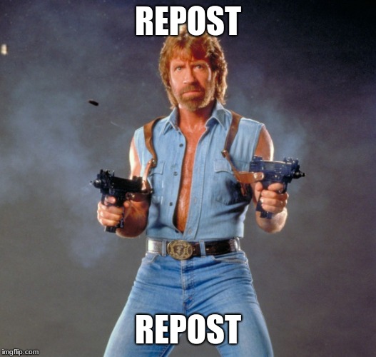 Chuck Norris Guns | REPOST; REPOST | image tagged in memes,chuck norris guns,chuck norris | made w/ Imgflip meme maker