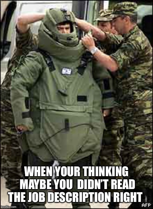 Heavy armor | WHEN YOUR THINKING MAYBE YOU  DIDN’T READ THE JOB DESCRIPTION RIGHT | image tagged in heavy armor | made w/ Imgflip meme maker