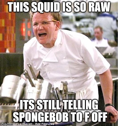 Chef Gordon Ramsay | THIS SQUID IS SO RAW; ITS STILL TELLING SPONGEBOB TO F OFF | image tagged in memes,chef gordon ramsay | made w/ Imgflip meme maker