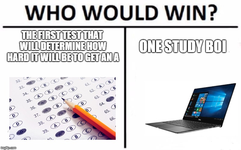 Who Would Win? | THE FIRST TEST THAT WILL DETERMINE HOW HARD IT WILL BE TO GET AN A; ONE STUDY BOI | image tagged in memes,who would win | made w/ Imgflip meme maker