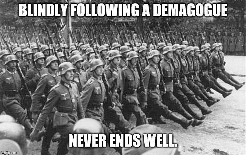 German Soldiers Marching | BLINDLY FOLLOWING A DEMAGOGUE NEVER ENDS WELL. | image tagged in german soldiers marching | made w/ Imgflip meme maker