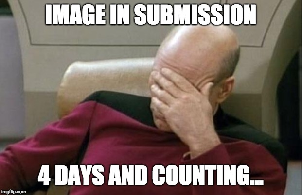 Captain Picard Facepalm Meme | IMAGE IN SUBMISSION; 4 DAYS AND COUNTING... | image tagged in memes,captain picard facepalm | made w/ Imgflip meme maker