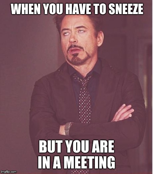 Face You Make Robert Downey Jr | WHEN YOU HAVE TO SNEEZE; BUT YOU ARE IN A MEETING | image tagged in memes,face you make robert downey jr | made w/ Imgflip meme maker