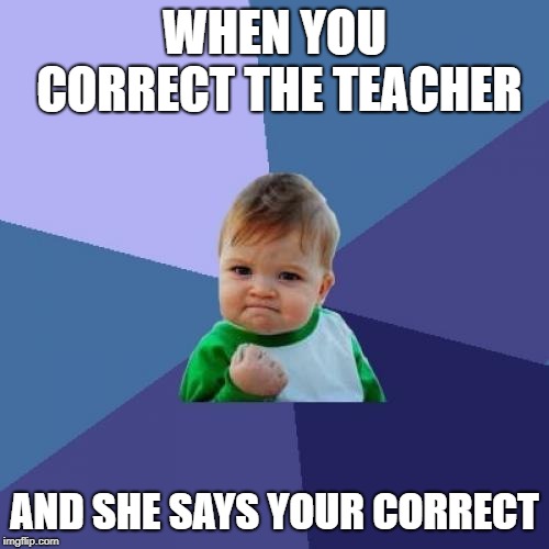 Success Kid Meme | WHEN YOU CORRECT THE TEACHER; AND SHE SAYS YOUR CORRECT | image tagged in memes,success kid | made w/ Imgflip meme maker
