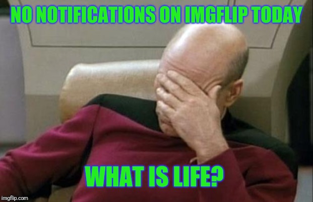 Captain Picard Facepalm | NO NOTIFICATIONS ON IMGFLIP TODAY; WHAT IS LIFE? | image tagged in memes,captain picard facepalm | made w/ Imgflip meme maker
