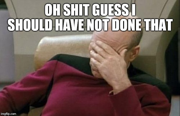Captain Picard Facepalm Meme | OH SHIT GUESS I SHOULD HAVE NOT DONE THAT | image tagged in memes,captain picard facepalm | made w/ Imgflip meme maker