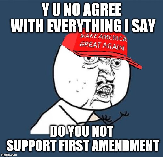 Y U No MAGA Hat | Y U NO AGREE WITH EVERYTHING I SAY DO YOU NOT SUPPORT FIRST AMENDMENT | image tagged in y u no maga hat | made w/ Imgflip meme maker