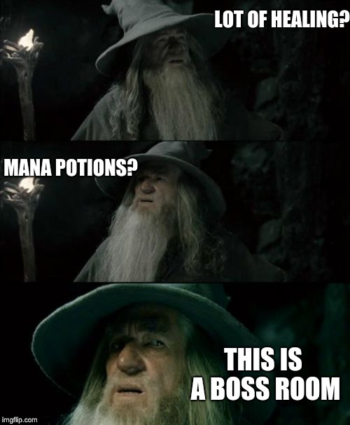 Confused Gandalf Meme | LOT OF HEALING? MANA POTIONS? THIS IS A BOSS ROOM | image tagged in memes,confused gandalf | made w/ Imgflip meme maker