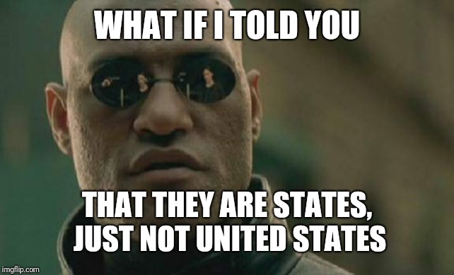 Matrix Morpheus Meme | WHAT IF I TOLD YOU THAT THEY ARE STATES, JUST NOT UNITED STATES | image tagged in memes,matrix morpheus | made w/ Imgflip meme maker