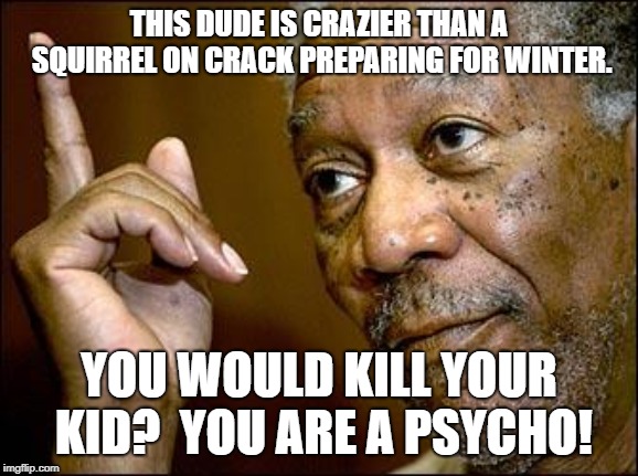 This Morgan Freeman | THIS DUDE IS CRAZIER THAN A SQUIRREL ON CRACK PREPARING FOR WINTER. YOU WOULD KILL YOUR KID?  YOU ARE A PSYCHO! | image tagged in this morgan freeman | made w/ Imgflip meme maker