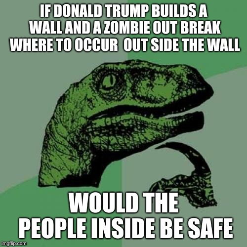 Philosoraptor | IF DONALD TRUMP BUILDS A WALL AND A ZOMBIE OUT BREAK WHERE TO OCCUR  OUT SIDE THE WALL; WOULD THE PEOPLE INSIDE BE SAFE | image tagged in memes,philosoraptor | made w/ Imgflip meme maker