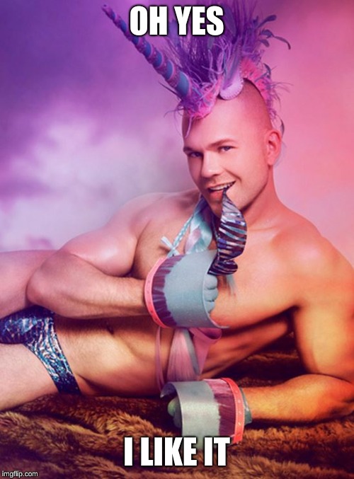 Sexy Gay Unicorn | OH YES I LIKE IT | image tagged in sexy gay unicorn | made w/ Imgflip meme maker
