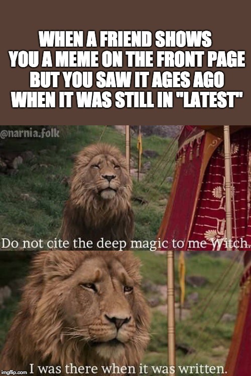 Narnia Meme | WHEN A FRIEND SHOWS YOU A MEME ON THE FRONT PAGE BUT YOU SAW IT AGES AGO WHEN IT WAS STILL IN "LATEST" | image tagged in narnia meme,memes,funny,narnia,imgflip,friends | made w/ Imgflip meme maker
